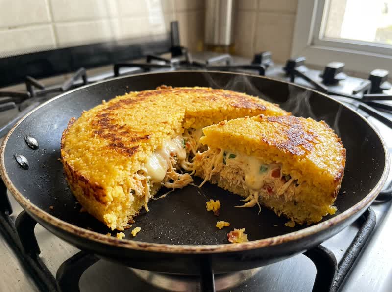Cuscuz recheado de frango com queijo na frigideira