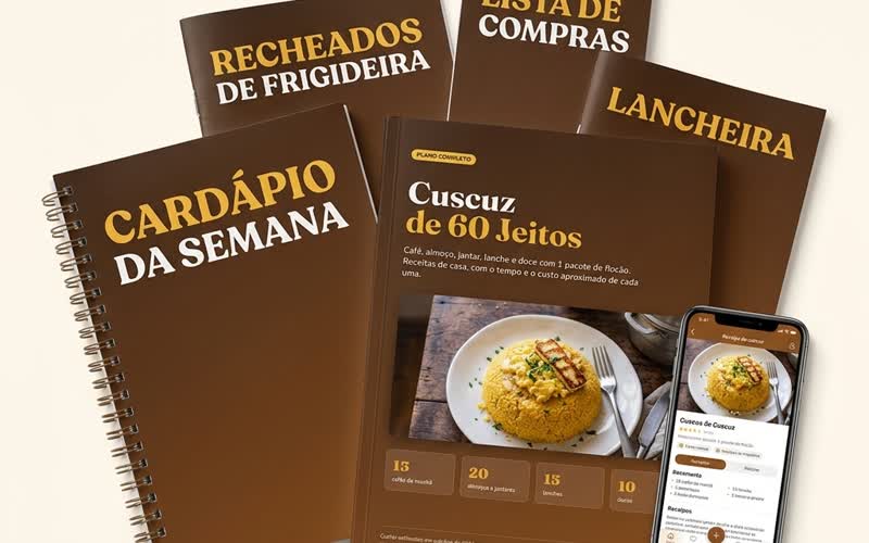 Livro Cuscuz de 60 Jeitos com os 4 cadernos bônus e o PDF no celular