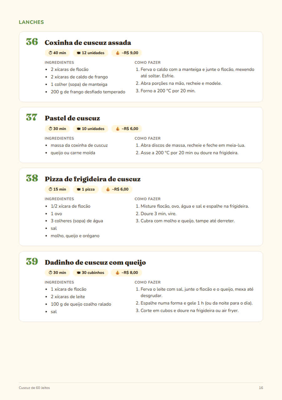 Página de lanches com cuscuz